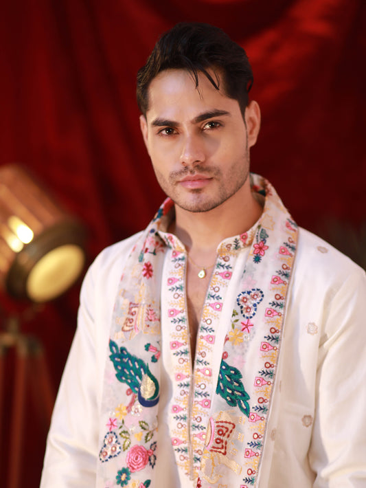 Men's White Linen Satin Kurta Set with Multicolour Embroidery & Georgette Dupatta