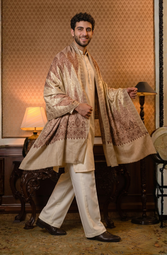 Cream Pashmina Jacquard Dupatta with Embroidery