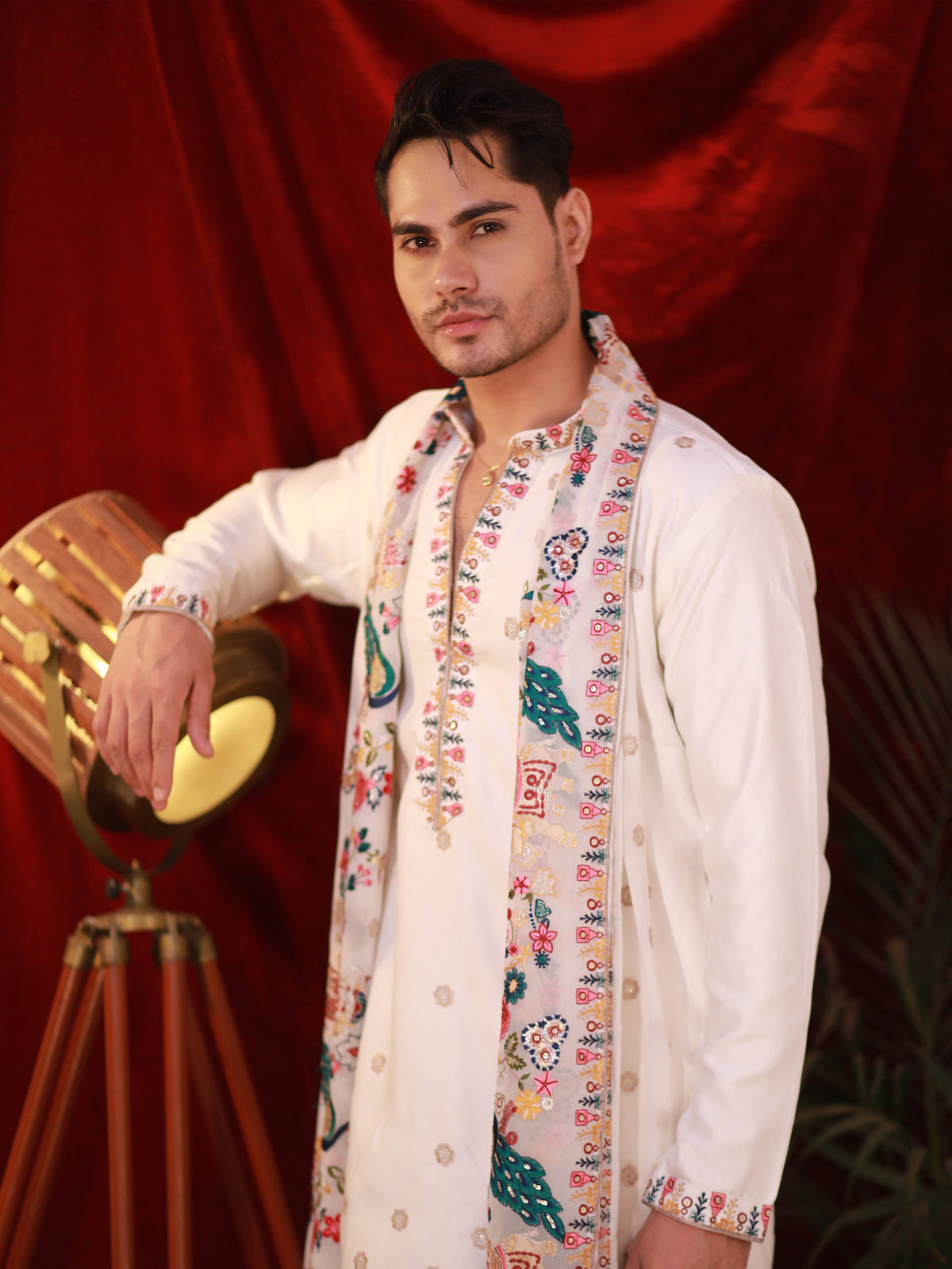 Men's White Linen Satin Kurta Set with Multicolour Embroidery & Georgette Dupatta