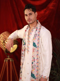 Men's White Linen Satin Kurta Set with Multicolour Embroidery & Georgette Dupatta