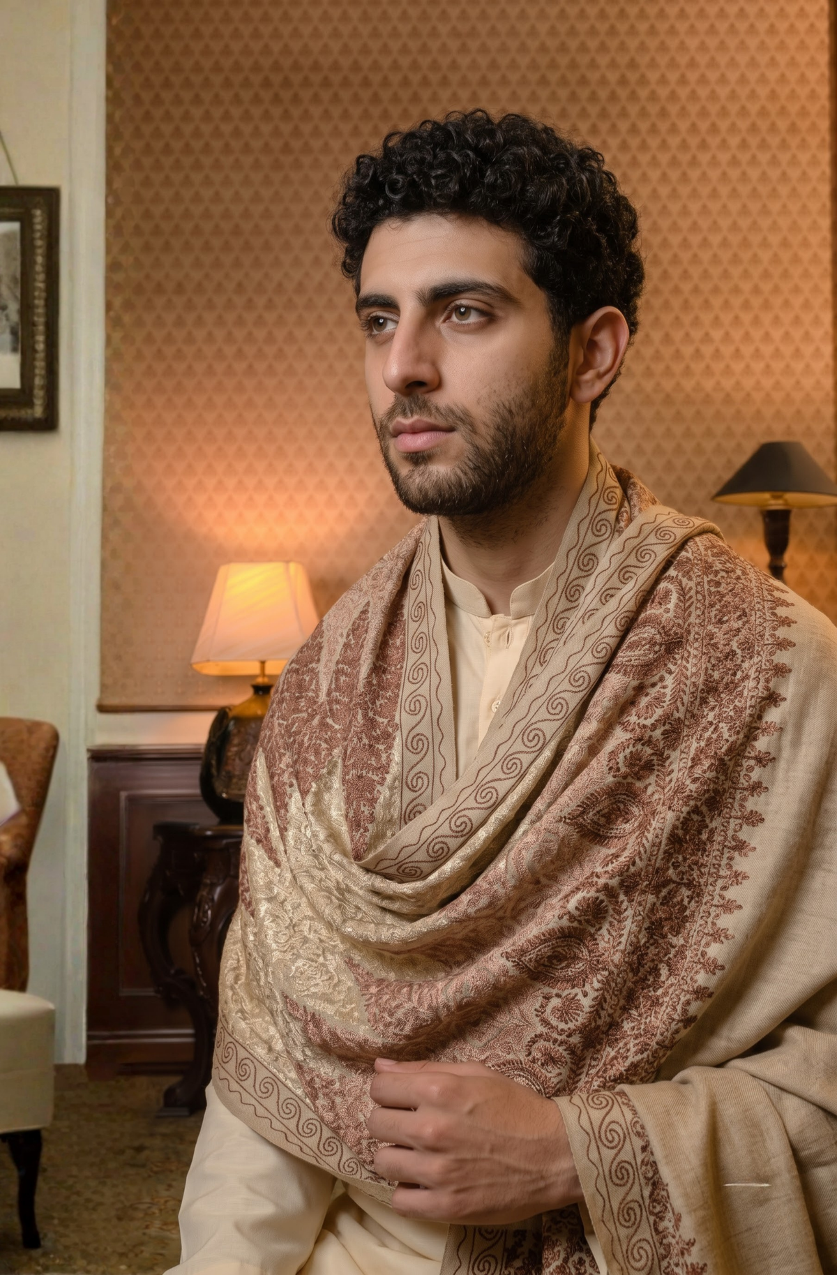 Cream Pashmina Jacquard Dupatta with Embroidery