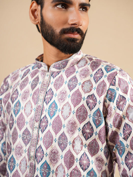 Men's Multicolour Jacquard Digital Print Kurta Set with Swarovski Detailing