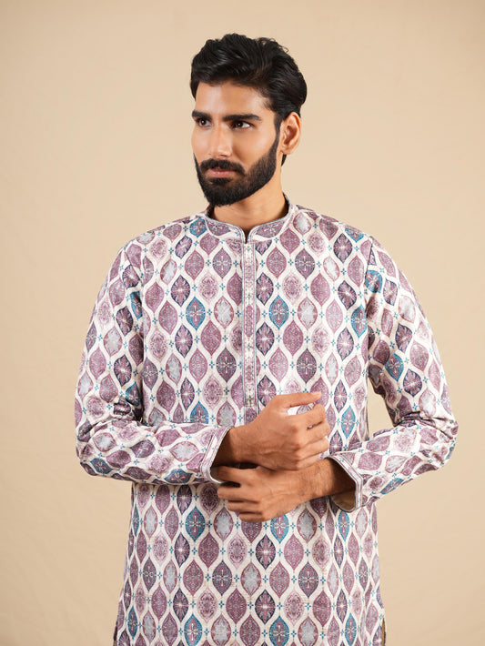 Men's Multicolour Jacquard Digital Print Kurta Set with Swarovski Detailing