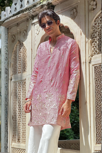 Light Pink Satin Fancy Short Kurta Set with Zari Embroidery