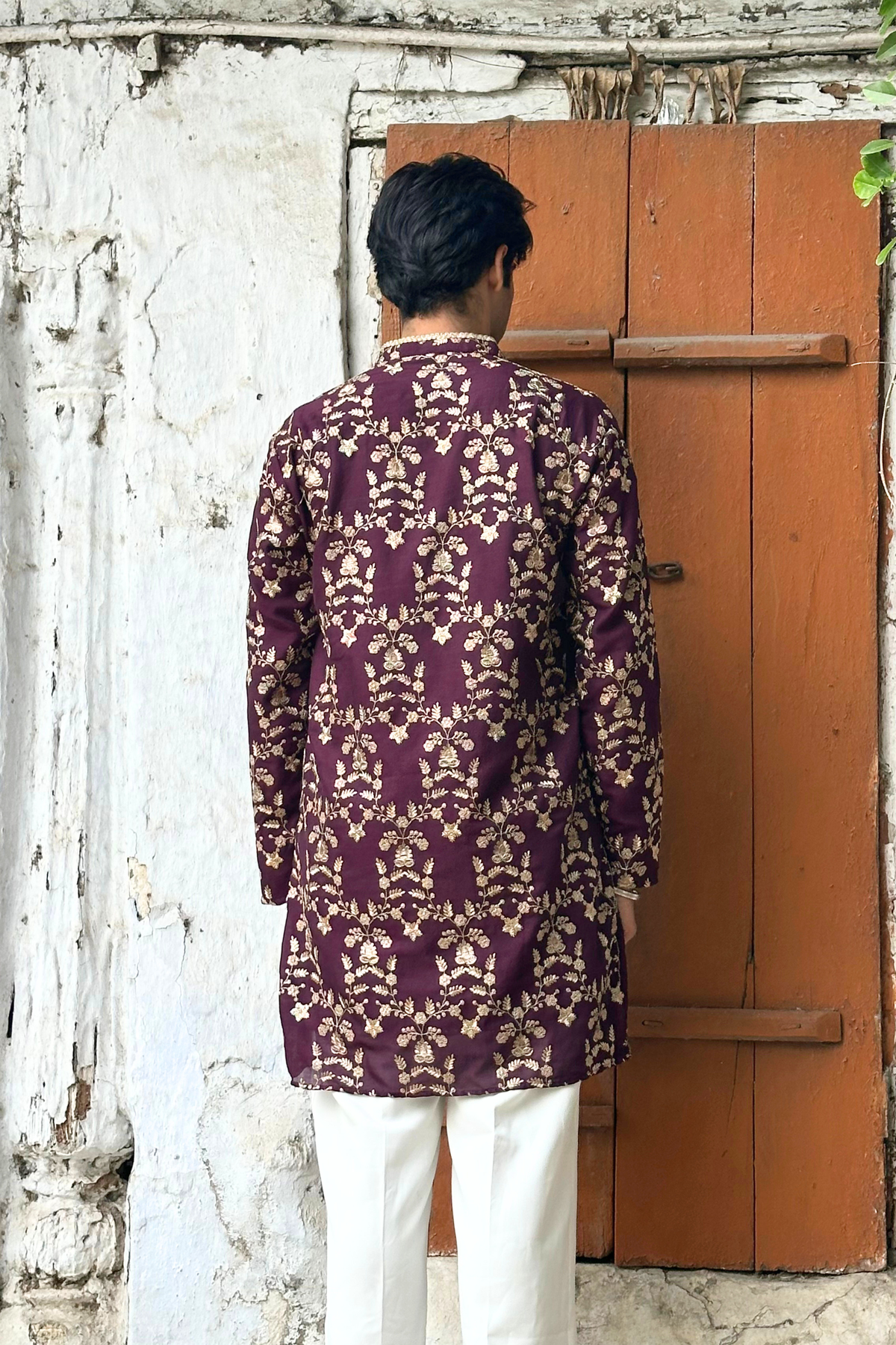 Rust Maroon Silk Base Short Kurta Set with Jari Embroidery