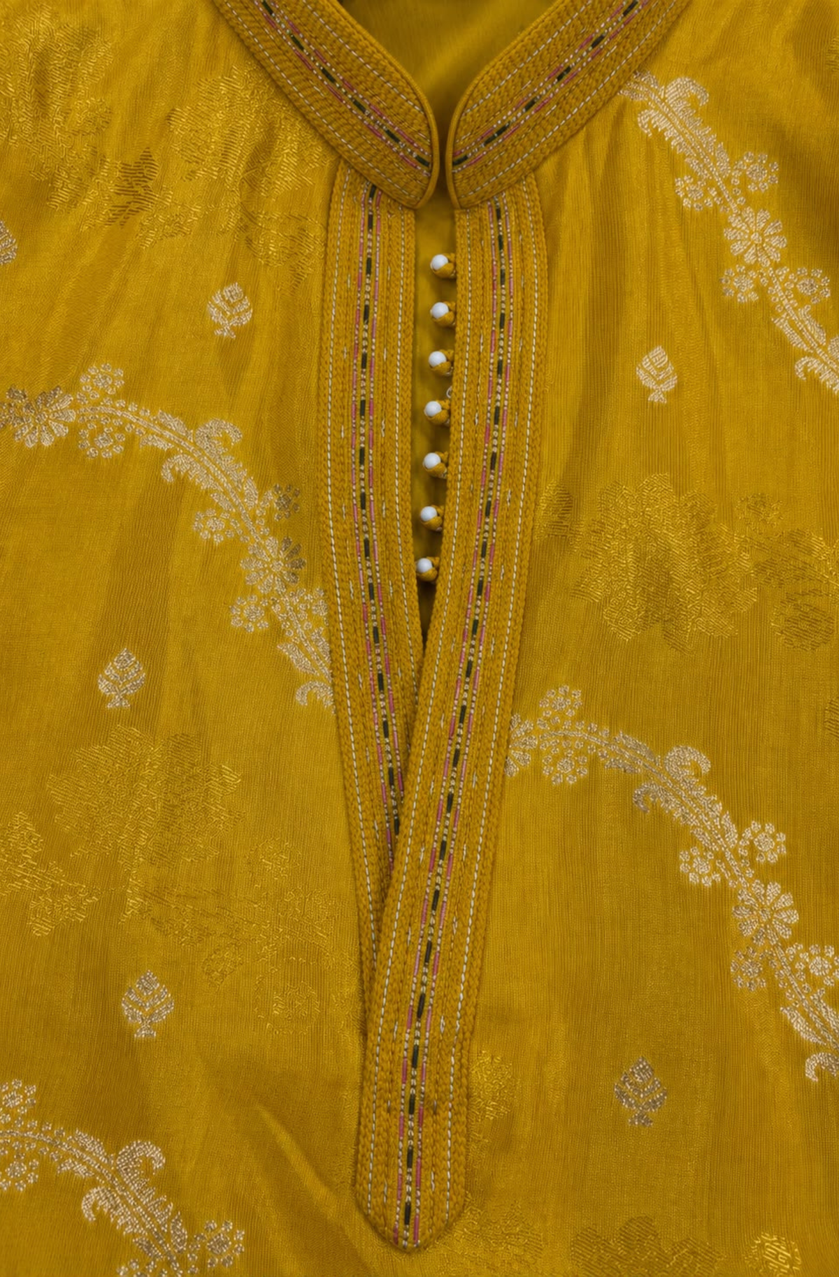 Yellow Jacquard Silk Short Kurta Set with Multicolour Embroidery & Bead Work