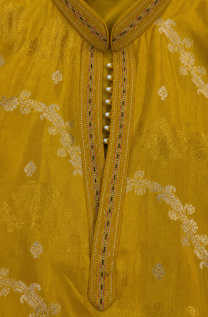 Yellow Jacquard Silk Short Kurta Set with Multicolour Embroidery & Bead Work