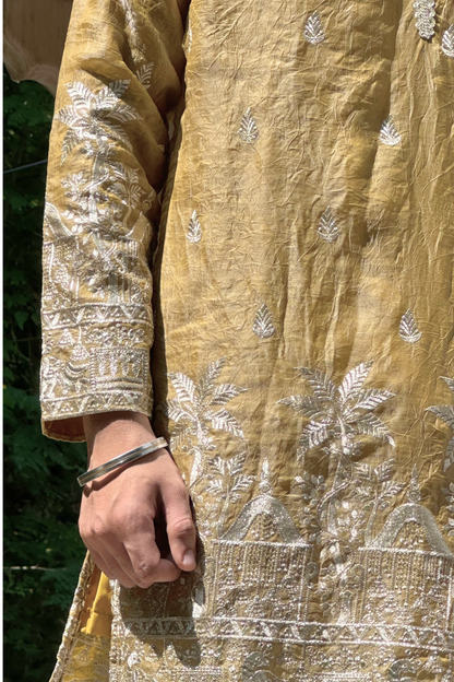Golden Satin Fancy Short Kurta Set with Zari Embroidery
