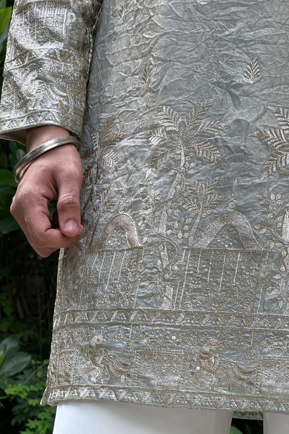 Grey Satin Fancy Short Kurta Set with Zari Embroidery