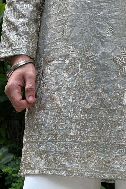 Grey Satin Fancy Short Kurta Set with Zari Embroidery