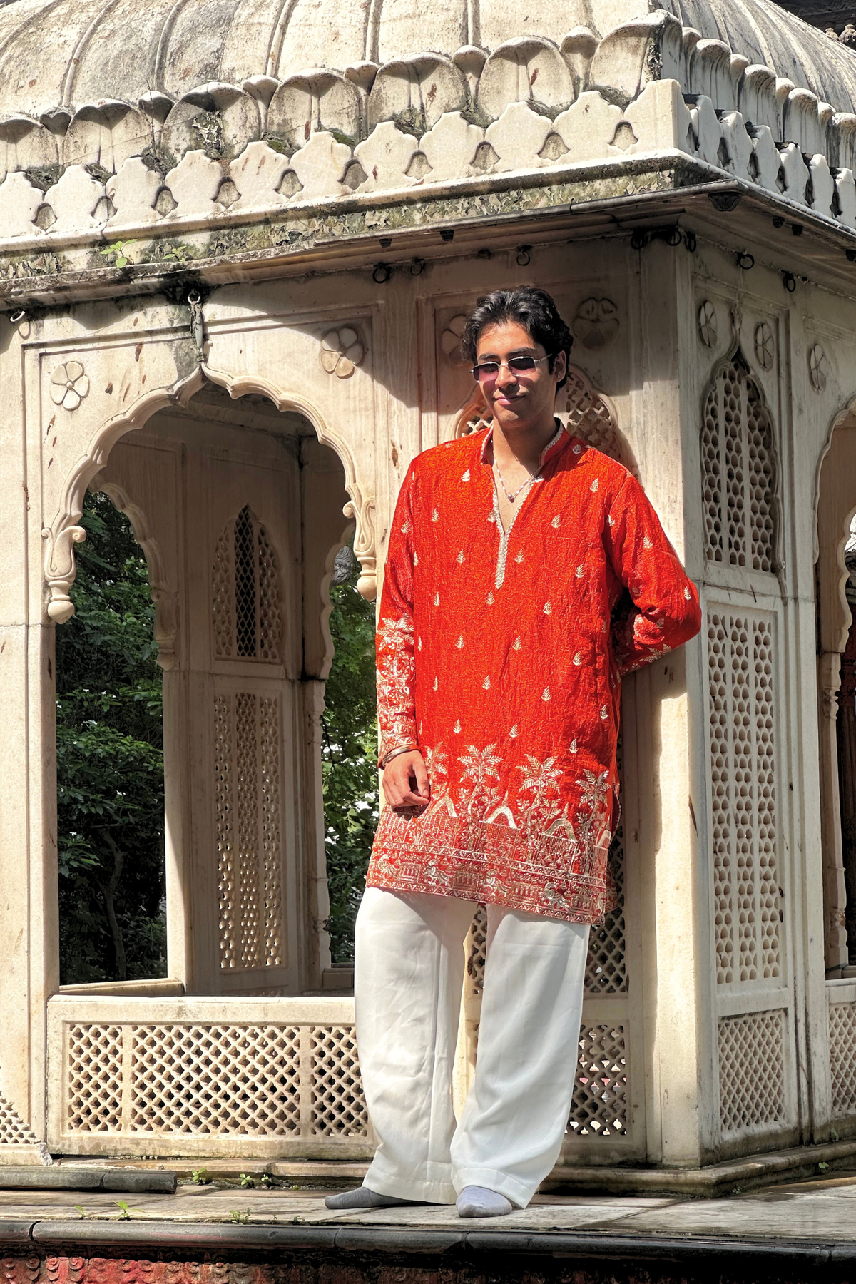 Orange Satin Fancy Short Kurta Set with Zari Embroidery
