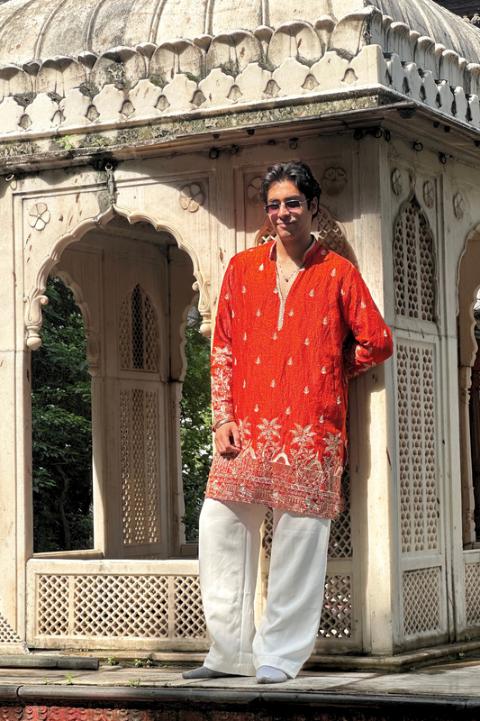 Orange Satin Fancy Short Kurta Set with Zari Embroidery