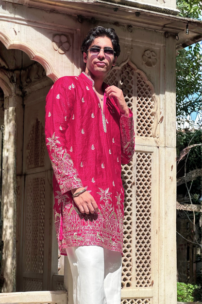 Red Pink Satin Fancy Short Kurta Set with Zari Embroidery