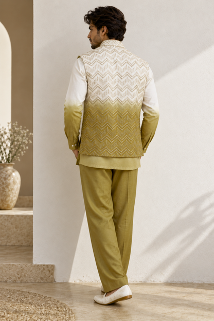 Ivory Olive Gold Georgette Bandi Jacket Kurta Set with Thread Embroidery and Sequins