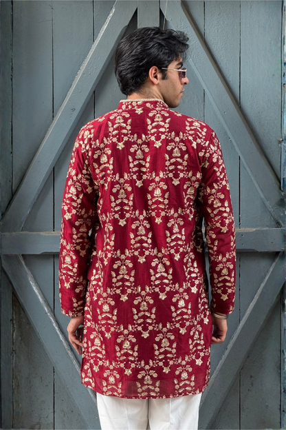 Rust Maroon Silk Base Short Kurta Set with Jari Embroidery
