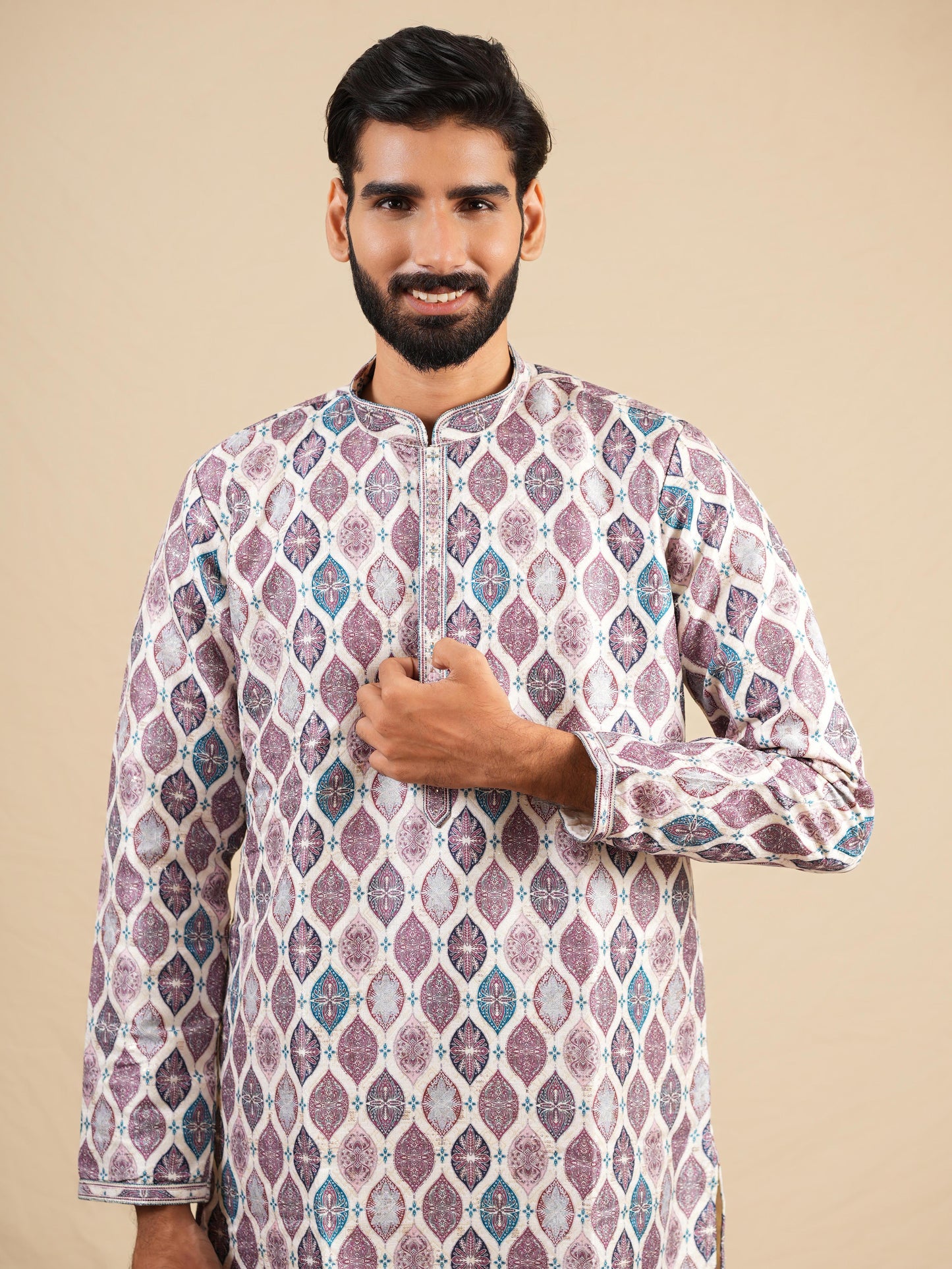 Men's Multicolour Jacquard Digital Print Kurta Set with Swarovski Detailing