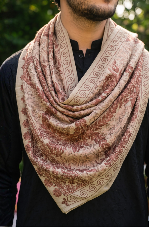 Cream Pashmina Jacquard Dupatta with Embroidery