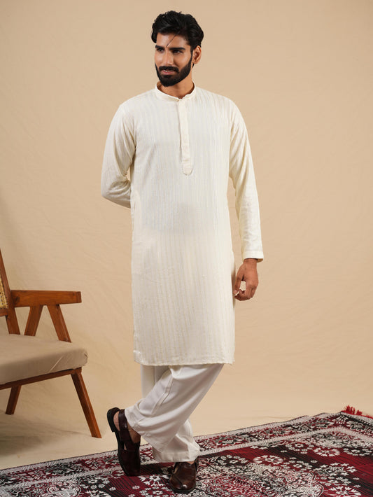 Men's Off-White Rayon Kurta Set with Sequins & Thread Work Embroidery
