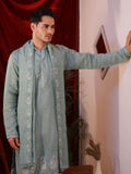 Men's Pista Green Organza Silk Kurta Set with Batik Print & Dupatta