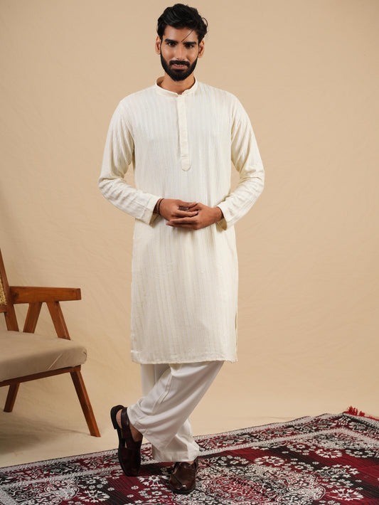 Men's Off-White Rayon Kurta Set with Sequins & Thread Work Embroidery