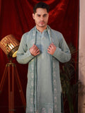 Men's Pista Green Organza Silk Kurta Set with Batik Print & Dupatta