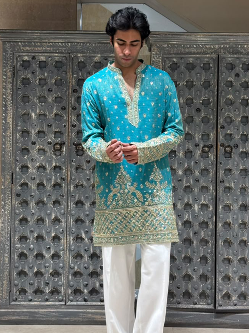 Aqua Crush Tissue Short Kurta Set with Embroidery and Sequins