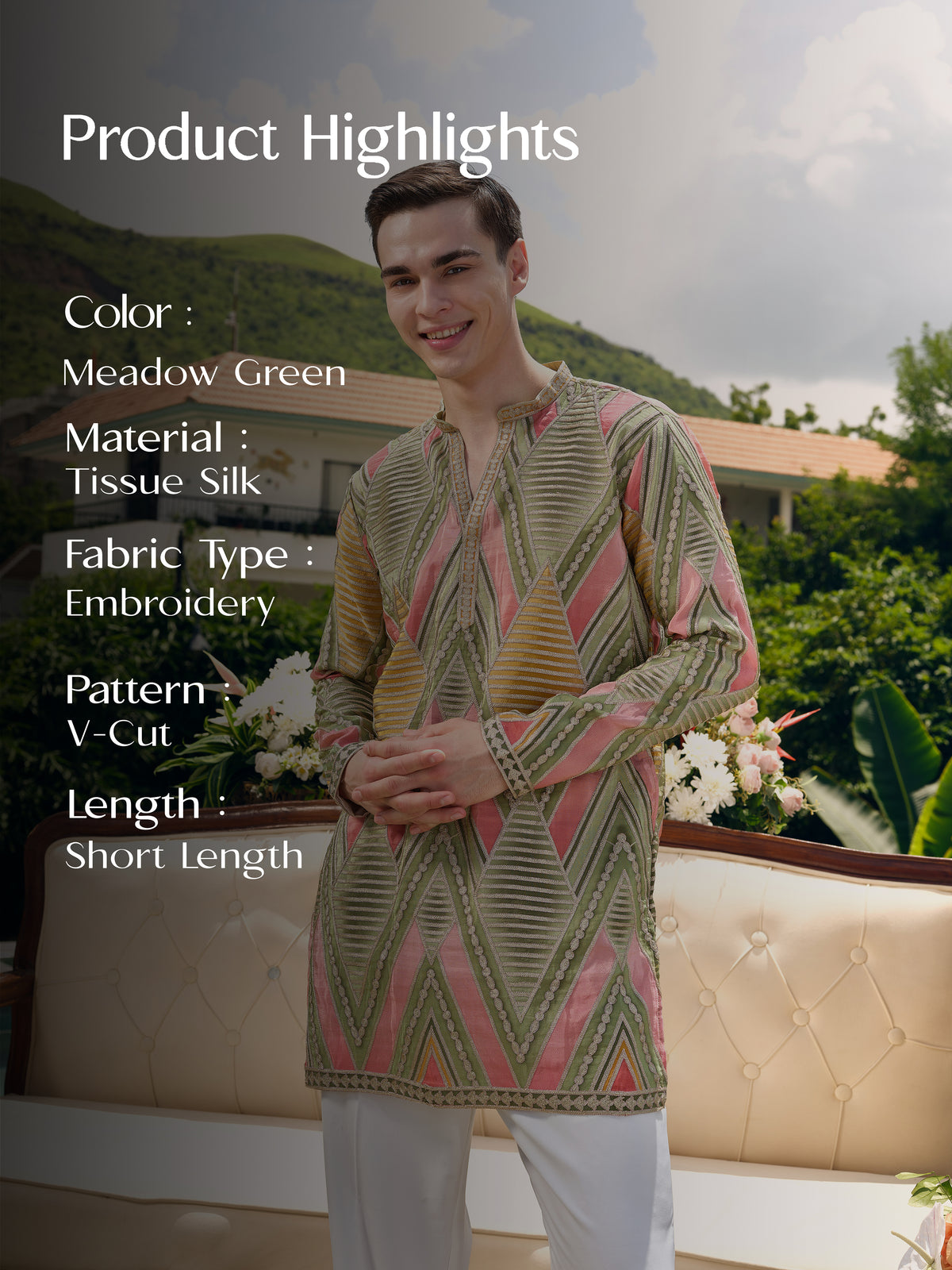 Meadow Green Tissue Silk Short Kurta Set with Embroidery