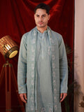 Men's Pista Green Organza Silk Kurta Set with Batik Print & Dupatta