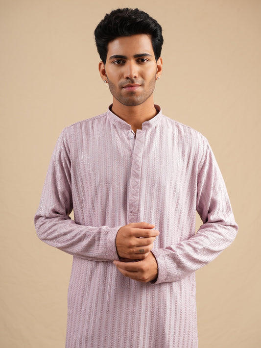 Men's Lavender Rayon Kurta Set with Sequins & Thread Work Embroidery