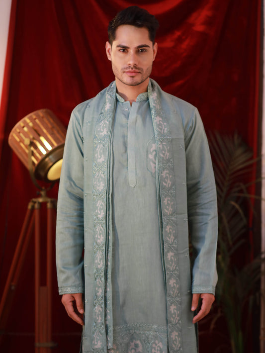 Men's Pista Green Organza Silk Kurta Set with Batik Print & Dupatta