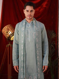 Men's Pista Green Organza Silk Kurta Set with Batik Print & Dupatta