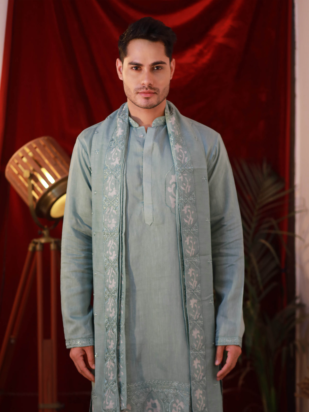 Men's Pista Green Organza Silk Kurta Set with Batik Print & Dupatta