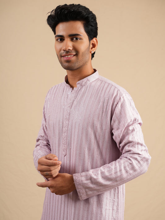 Men's Lavender Rayon Kurta Set with Sequins & Thread Work Embroidery