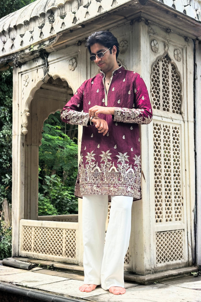 Wine Satin Fancy Short Kurta Set with Zari Embroidery