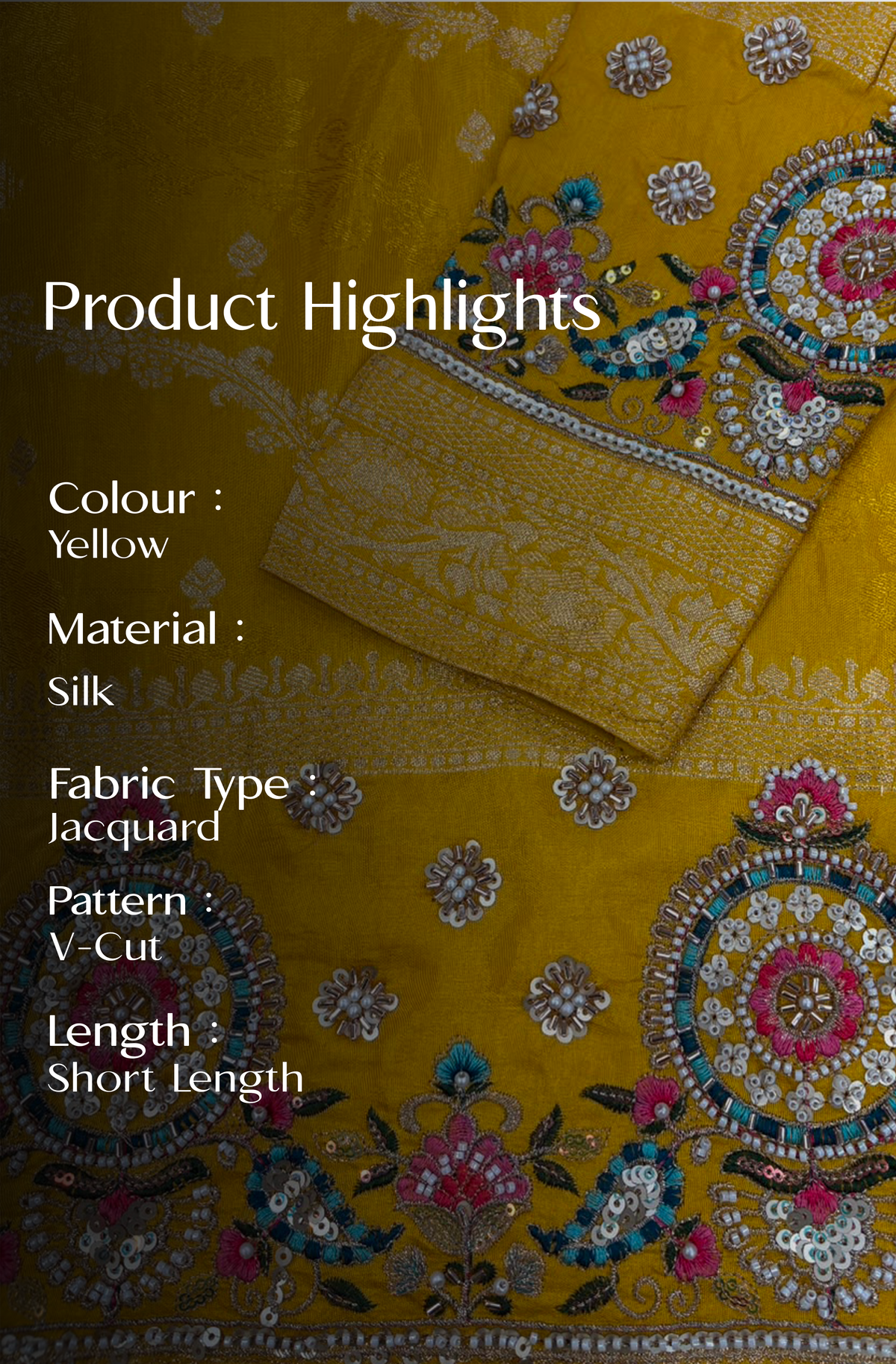 Yellow Jacquard Silk Short Kurta Set with Multicolour Embroidery & Bead Work