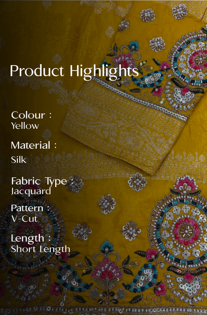 Yellow Jacquard Silk Short Kurta Set with Multicolour Embroidery & Bead Work