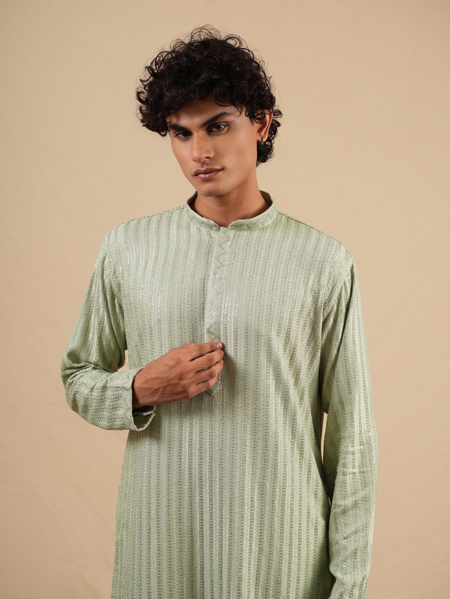 Men's Pista Rayon Kurta Set with Sequins & Thread Work Embroidery