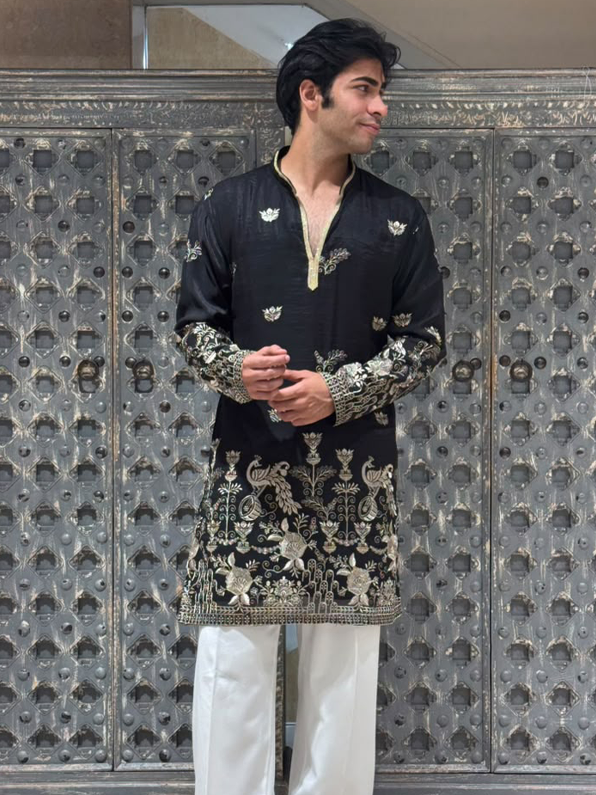 Black Shimmer Organza Short Kurta Set with Jari Embroidery