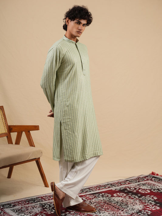 Men's Pista Rayon Kurta Set with Sequins & Thread Work Embroidery