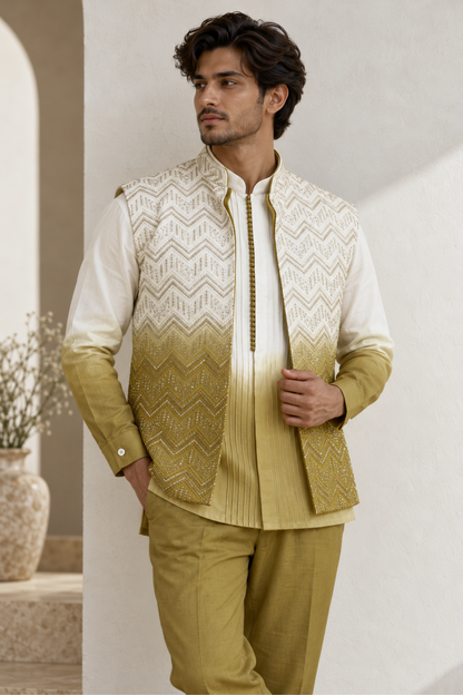 Ivory Olive Gold Georgette Bandi Jacket Kurta Set with Thread Embroidery and Sequins