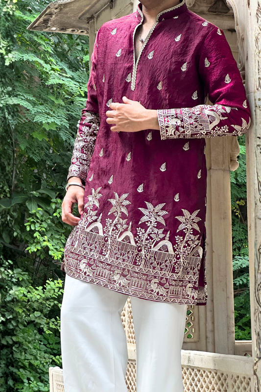 Wine Satin Fancy Short Kurta Set with Zari Embroidery