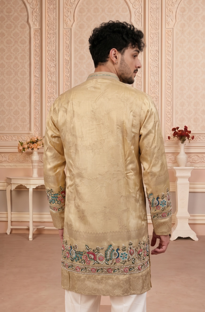 Fawn Jacquard Silk Short Kurta Set with Multicolour Embroidery & Bead Work