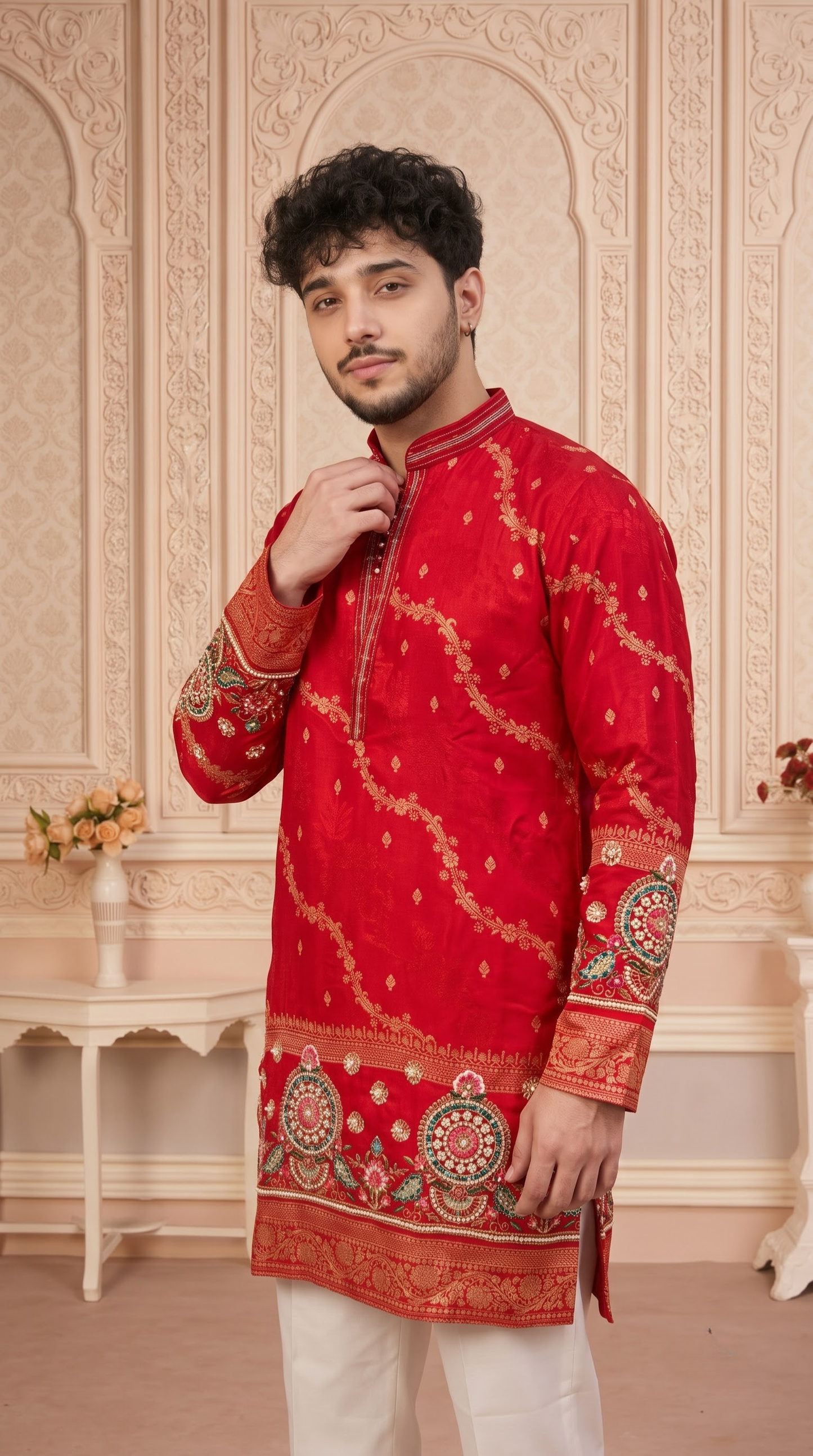 Red Jacquard Silk Short Kurta Set with Multicolour Embroidery & Bead Work