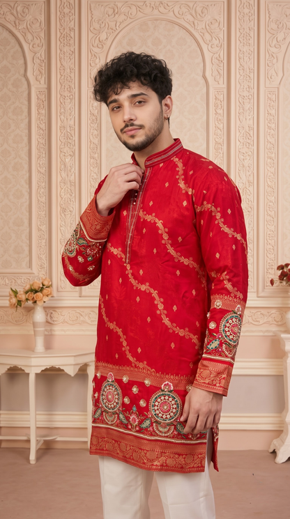 Red Jacquard Silk Short Kurta Set with Multicolour Embroidery & Bead Work