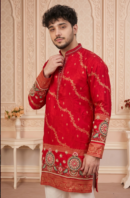 Red Jacquard Silk Short Kurta Set with Multicolour Embroidery & Bead Work