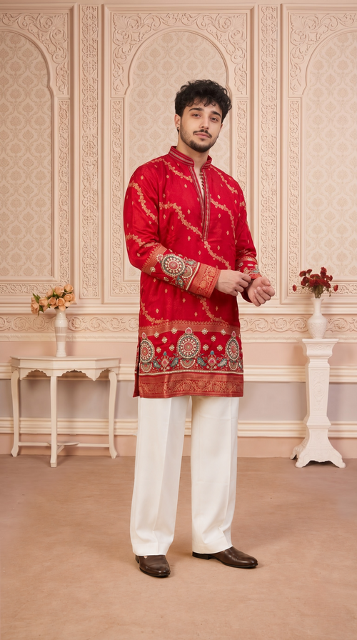 Red Jacquard Silk Short Kurta Set with Multicolour Embroidery & Bead Work