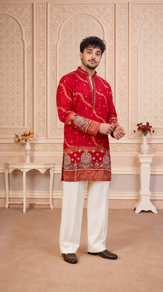 Red Jacquard Silk Short Kurta Set with Multicolour Embroidery & Bead Work