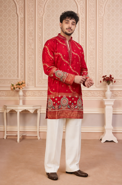 Red Jacquard Silk Short Kurta Set with Multicolour Embroidery & Bead Work
