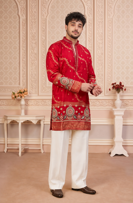 Red Jacquard Silk Short Kurta Set with Multicolour Embroidery & Bead Work