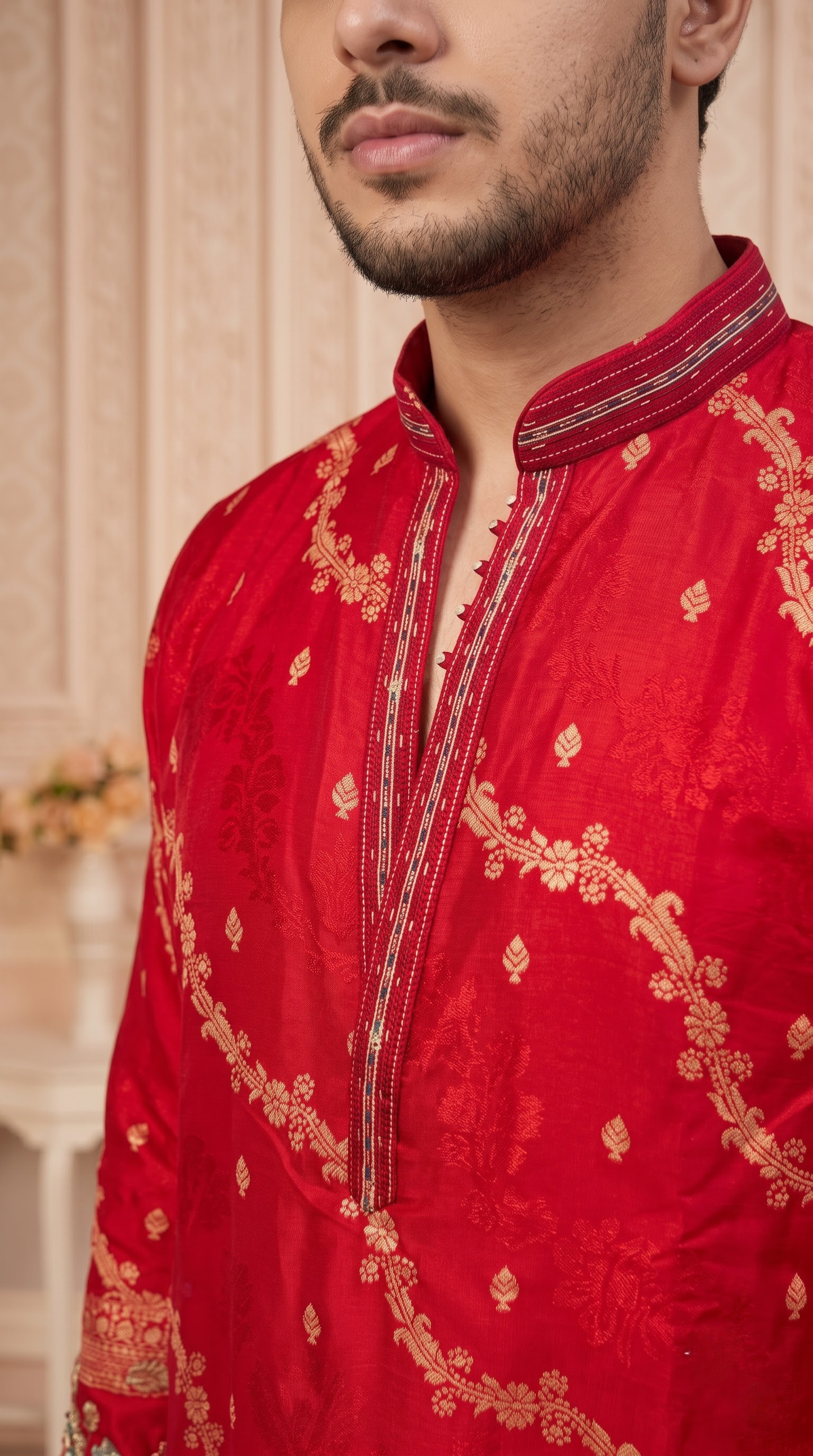 Red Jacquard Silk Short Kurta Set with Multicolour Embroidery & Bead Work